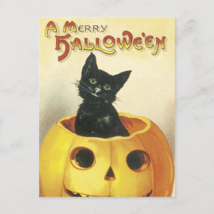 Altmodische fröhliche Halloween-Katze Feiertagspostkarte