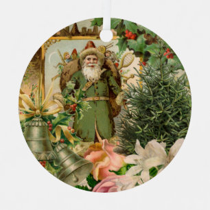 Altmodische Weihnachts-Collage mit grünem Santa im Ornament Aus Metall