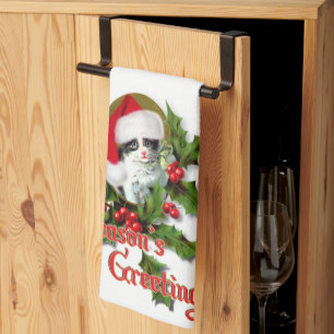 Altmodische Weihnachts-Kätzchen Grüße der Saison Geschirrtuch