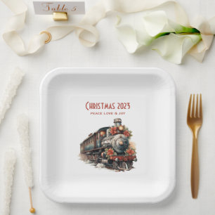 Altmodischer Dampfzug Retro Weihnachten Pappteller