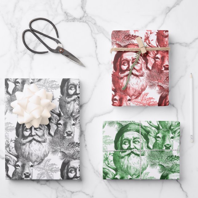 Altmodischer Lithograph Santa and Rentier Geschenkpapier Set (Vorderseite)