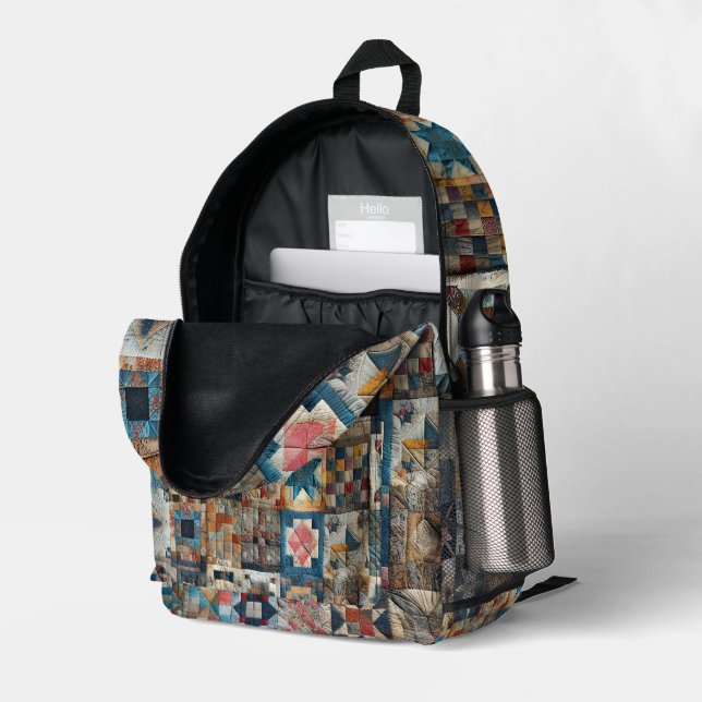 Altmodischer Patchwork-Quilt Bedruckter Rucksack (Rückseitige Ecke links (Offen) )