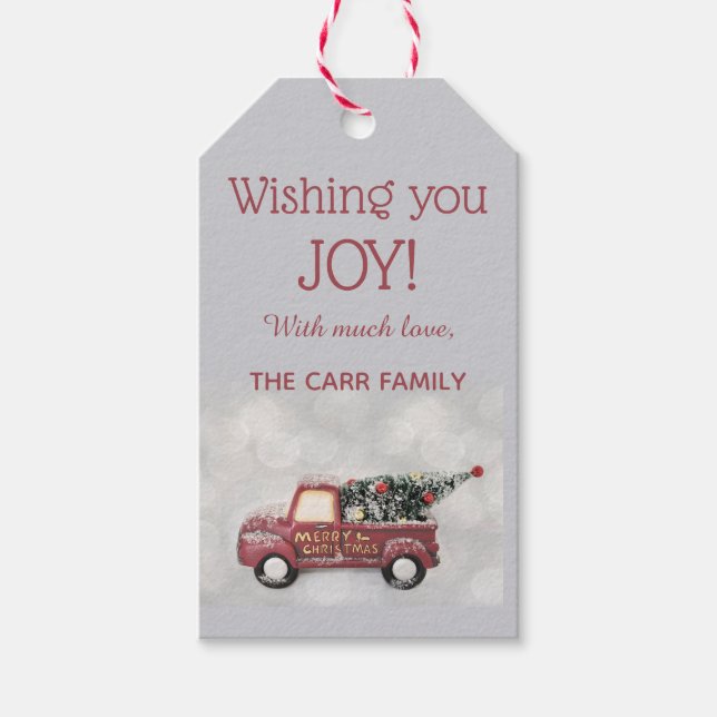 Altmodischer roter LKW mit Weihnachtsbaum Geschenkanhänger (Vorderseite)