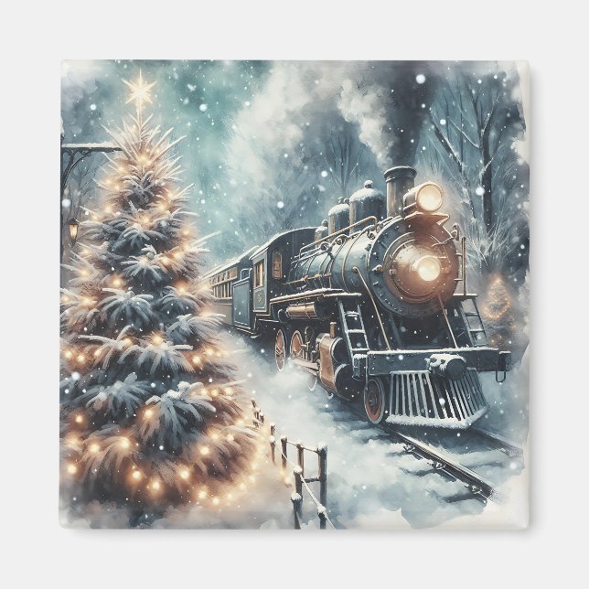 Altmodischer Zug und Vintage Winterlandschaft Magnet (Vorne)