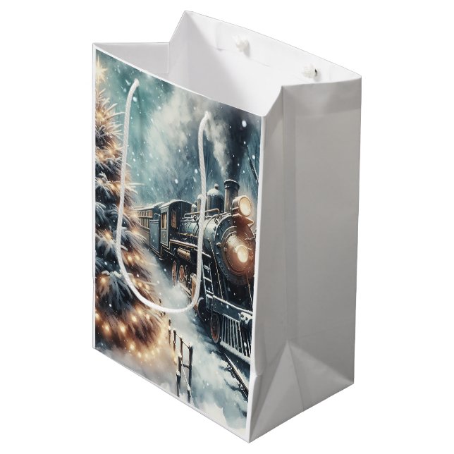 Altmodischer Zug und Vintage Winterlandschaft Mittlere Geschenktüte (Vorderseite Schrägansicht)