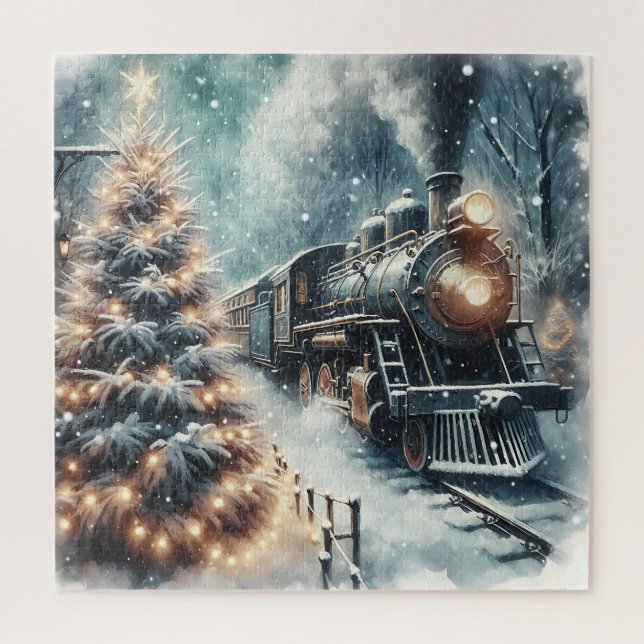 Altmodischer Zug und Vintage Winterlandschaft Puzzle (Vertikal)