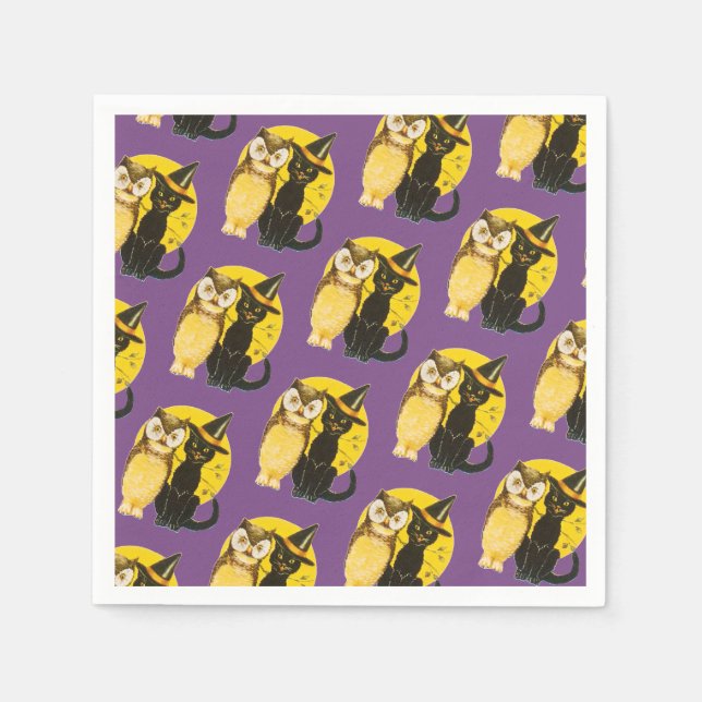 Altmodisches Halloween, Black Cat & Owl Serviette (Vorderseite)