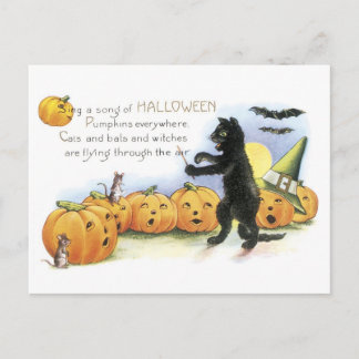 Altmodisches Halloween, Black Cat & Pumpkins Postkarte