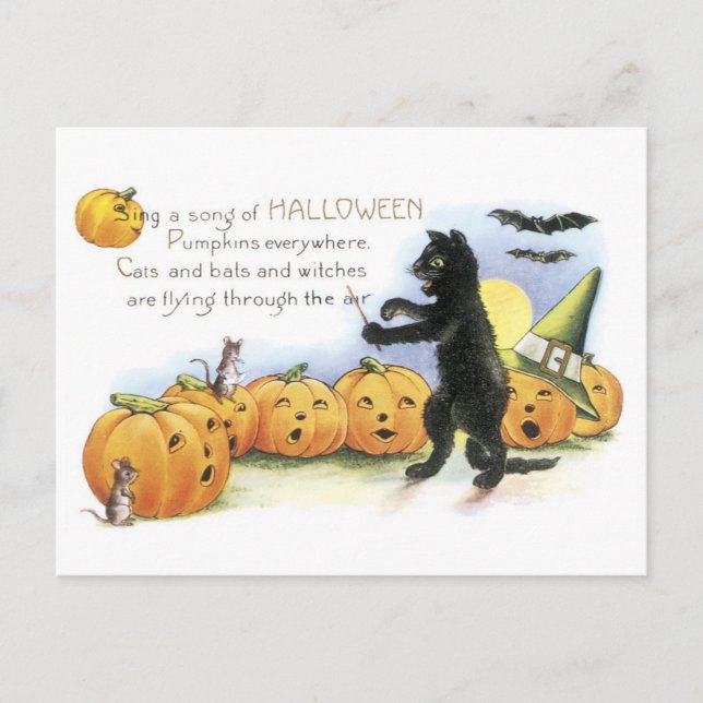 Altmodisches Halloween, Black Cat & Pumpkins Postkarte (Vorderseite)