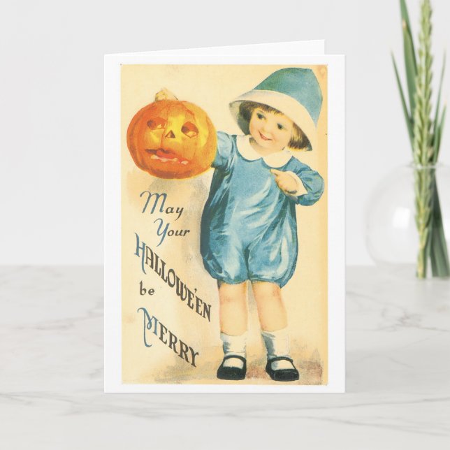 Altmodisches Halloween, Girl-Holding Pumpkin Karte (Vorderseite)