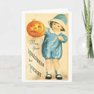 Altmodisches Halloween, Girl-Holding Pumpkin Karte