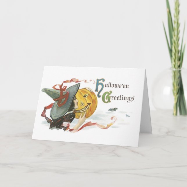 Altmodisches Halloween, Hexe & Jack-o'-Laterne Karte (Vorderseite)