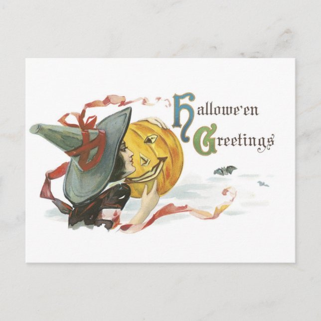 Altmodisches Halloween, Hexe & Jack-o'-Laterne Postkarte (Vorderseite)