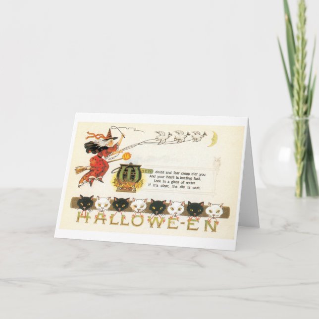 Altmodisches Halloween, Hexe & Katzen Karte (Vorderseite)