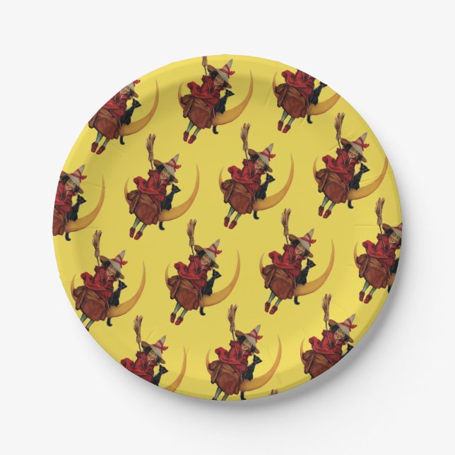 Altmodisches Halloween, Hexe mit schwarzer Katze Pappteller (Vorderseite)