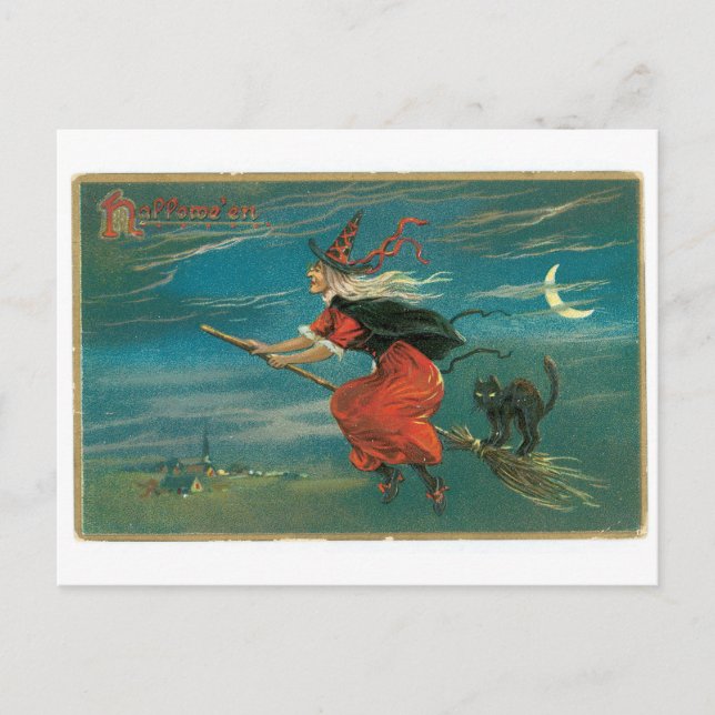 Altmodisches Halloween, Hexe mit Schwarzer Katze Postkarte (Vorderseite)