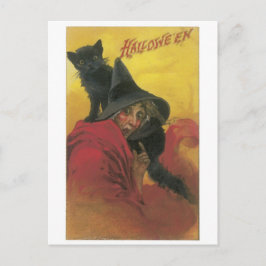 Altmodisches Halloween, Hexe mit schwarzer Katze Postkarte