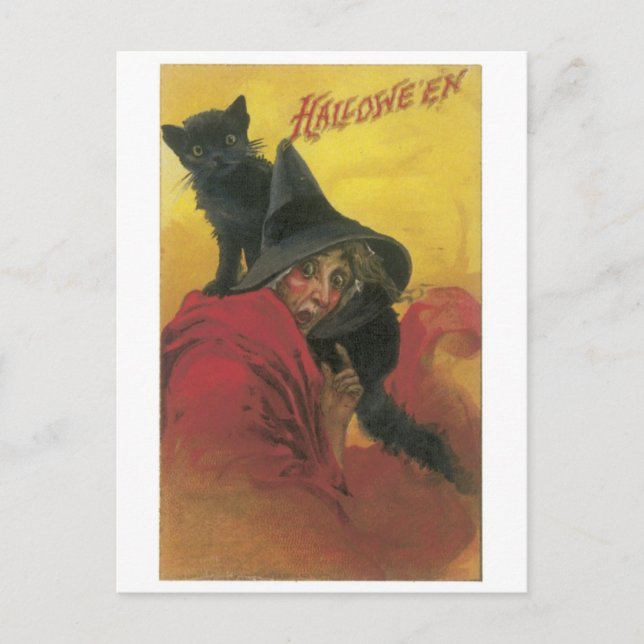 Altmodisches Halloween, Hexe mit schwarzer Katze Postkarte (Vorderseite)