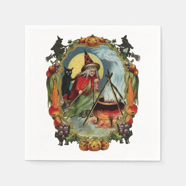 Altmodisches Halloween, Hexe mit schwarzer Katze Serviette (Vorderseite)