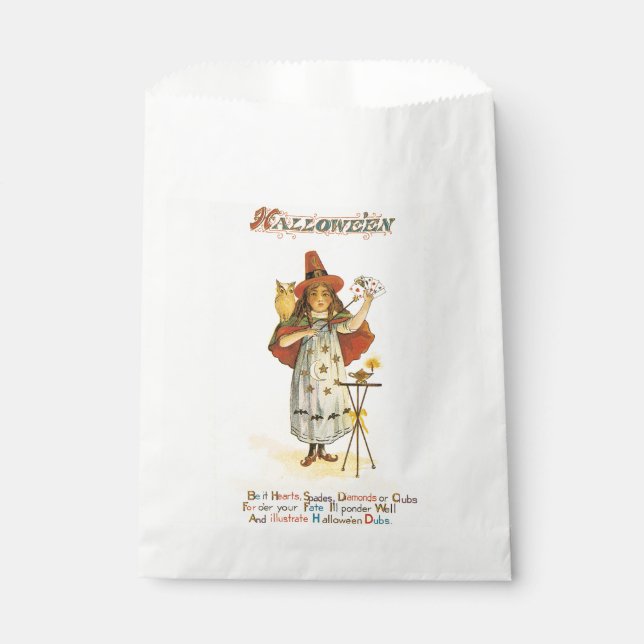 Altmodisches Halloween, Hexenmädchen mit Schüssel Geschenktütchen (Vorderseite)