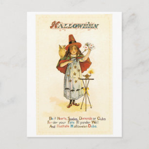 Altmodisches Halloween, Hexenmädchen mit Schüssel Postkarte
