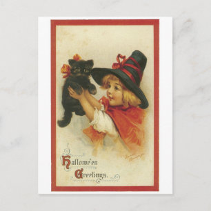 Altmodisches Halloween, Hexenmädchen mit Schwarzer Postkarte