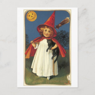 Altmodisches Halloween, Hexenmädchen mit Schwarzer Postkarte