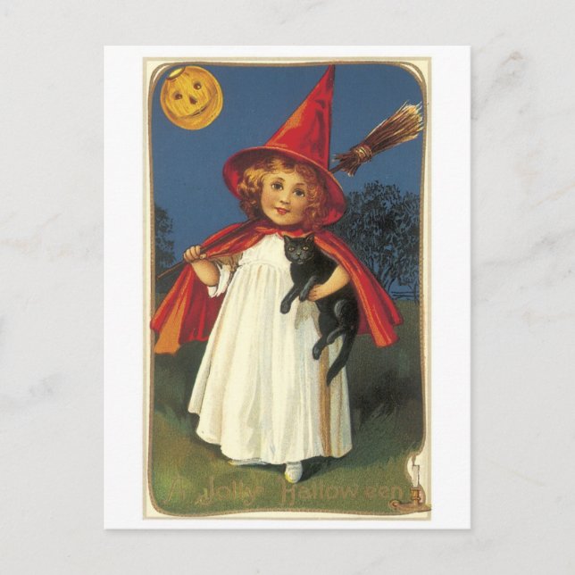 Altmodisches Halloween, Hexenmädchen mit Schwarzer Postkarte (Vorderseite)