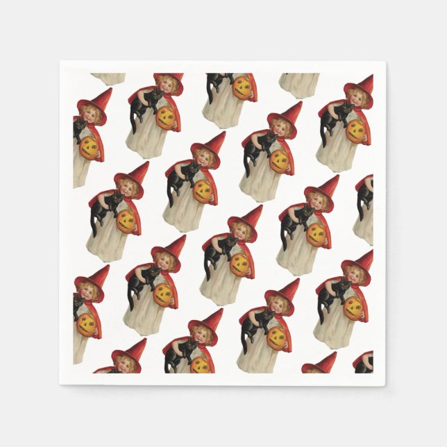 Altmodisches Halloween, Hexenmädchen mit Schwarzer Serviette (Vorderseite)