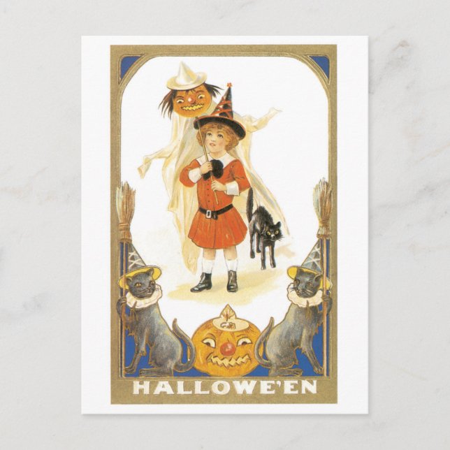 Altmodisches Halloween, Hexenmädchen Postkarte (Vorderseite)
