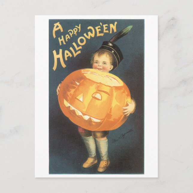 Altmodisches Halloween, Junge, der Pumpkin hält Postkarte (Vorderseite)