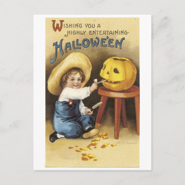Altmodisches Halloween, Junge macht Jack-o'-Latern Postkarte (Vorderseite)