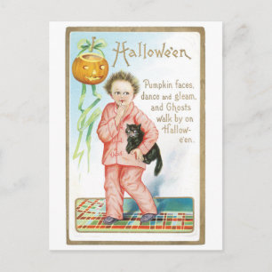Altmodisches Halloween, Junge mit schwarzer Katze Postkarte
