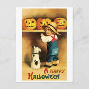 Altmodisches Halloween, Junge mit Welpe Postkarte