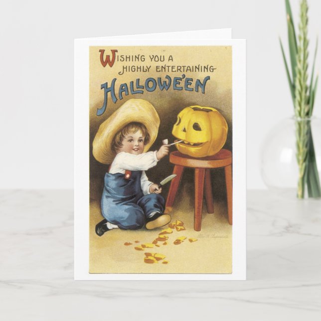 Altmodisches Halloween, Junge stellt Jack-o' Karte (Vorderseite)