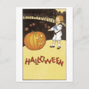 Altmodisches Halloween, Junge trifft Jack-o'-Later Postkarte