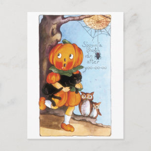 Altmodisches Halloween, Kürbismädchen, Schwarze Ka Postkarte