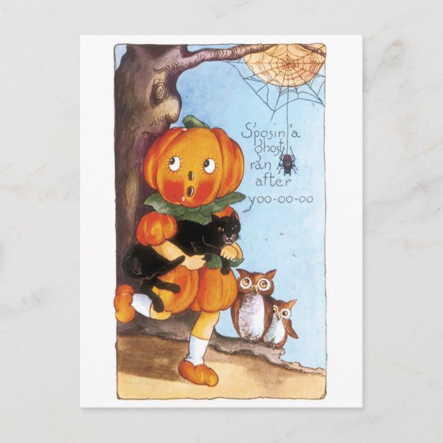 Altmodisches Halloween, Kürbismädchen, Schwarze Ka Postkarte (Vorderseite)
