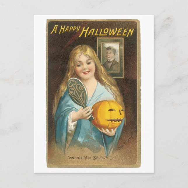 Altmodisches Halloween, Mädchen mit Handspiegel Postkarte (Vorderseite)