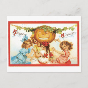 Altmodisches Halloween, Mädchen mit Pumpkin Postkarte