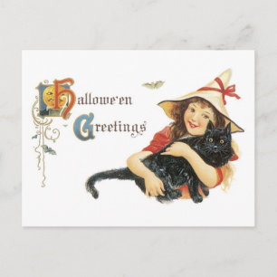 Altmodisches Halloween, Mädchen mit schwarzer Katz Postkarte