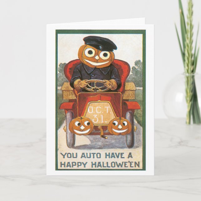 Altmodisches Halloween, Pumpkin-Fahrer Karte (Vorderseite)