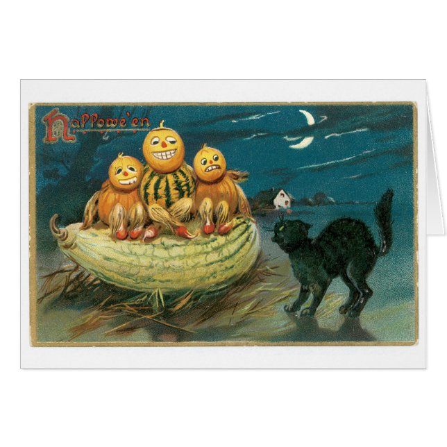 Altmodisches Halloween, Pumpkins & Black Cat (Vorderseite (Horizontal))