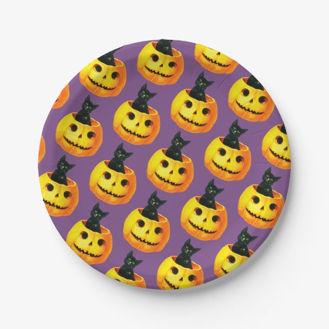 Altmodisches Halloween, Schwarze Katze am Kürbis Pappteller (Vorderseite)