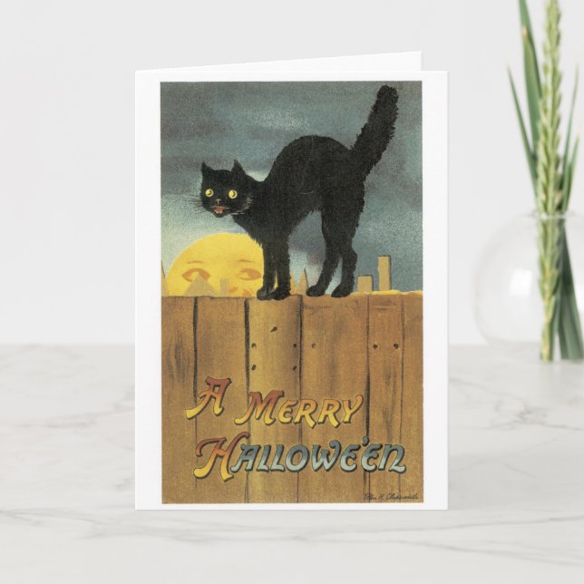 Altmodisches Halloween, Schwarze Katze & Vollmond Karte (Vorderseite)