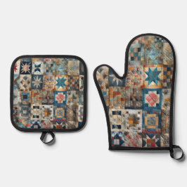 Altmodisches Patchwork Quilt Design Ofenhandschuh & Topflappen-Set