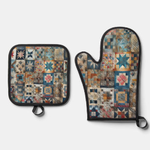 Altmodisches Patchwork Quilt Design Ofenhandschuh & Topflappen-Set