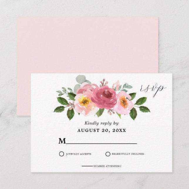 Altrosa | Blush Pink Floral Wedding RSVP Karte (Vorne/Hinten)