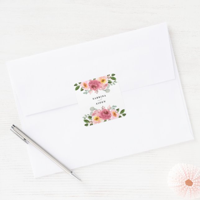 Altrosa | Blush Pink Floral Wedding Square Sti Quadratischer Aufkleber (Umschlag)