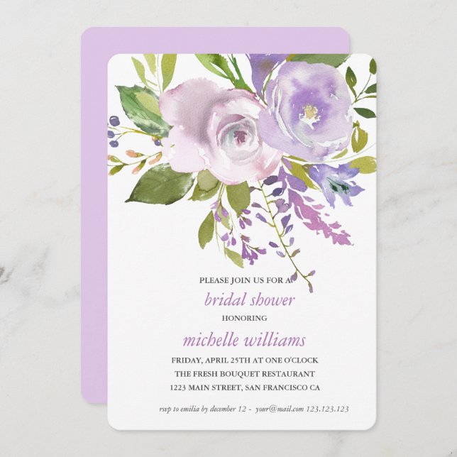 Altrosa | Chic Lavender Floral Wedding Brautparty Einladung (Vorne/Hinten)